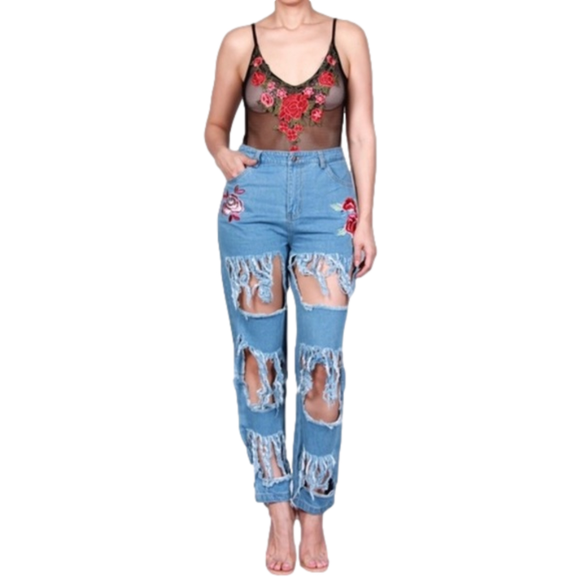 Rehab Denim - Rose Appliqué Distressed Skinny Denim Jeans